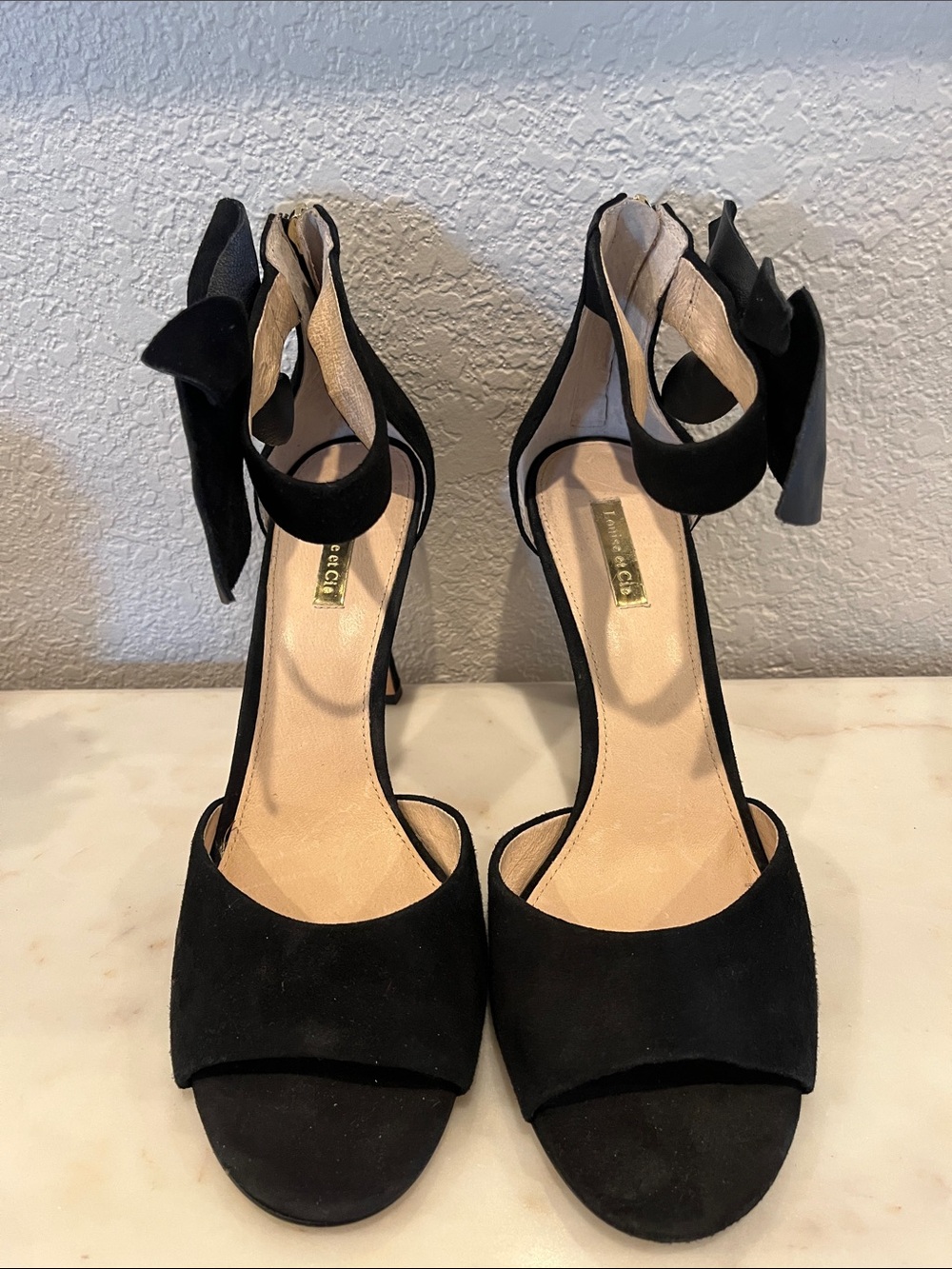 Louise et Cie Black Suede Open-Toe Heels with Ankle Bow